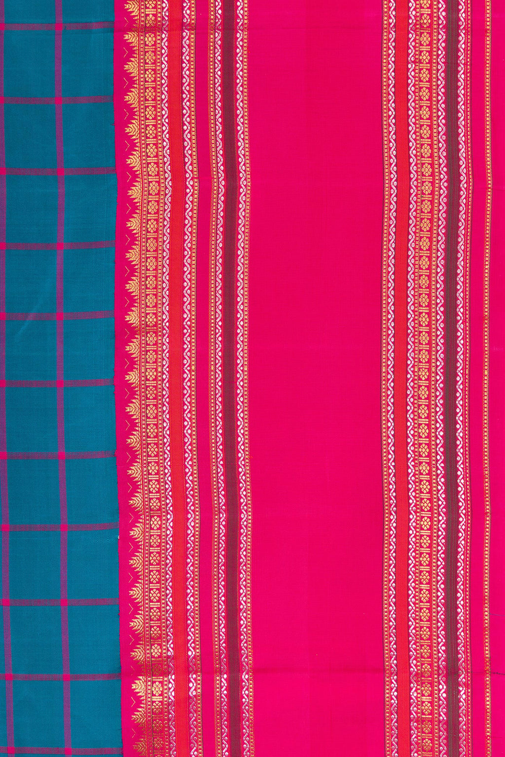Border image of Peacock Blue Dual Tone Kanjivaram Silk Saree with Checked design on the body and Zari Border. 