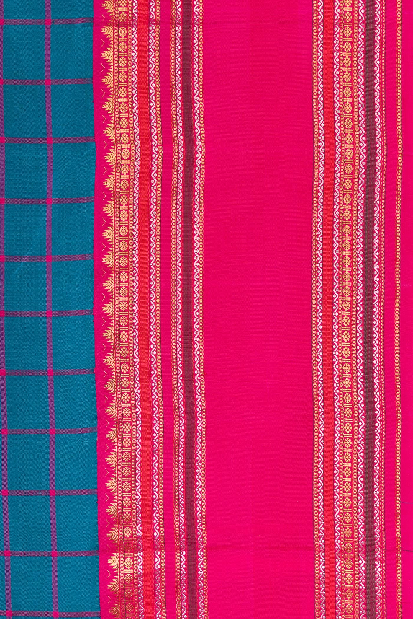Border image of Peacock Blue Dual Tone Kanjivaram Silk Saree with Checked design on the body and Zari Border. 