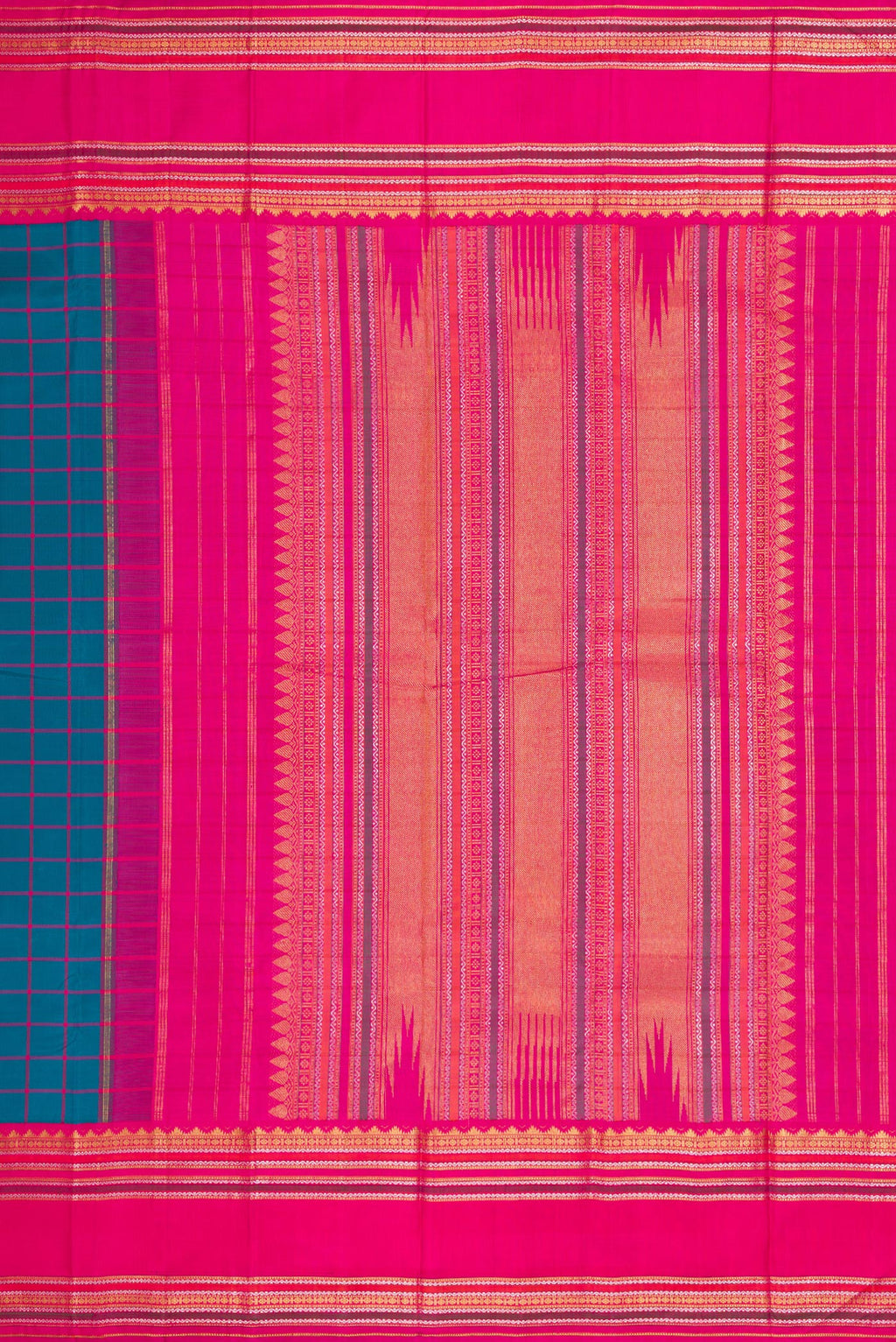 Close up image of the pallu of Peacock Blue Dual Tone Kanjivaram Silk Saree with Checked design on the body and Zari Border. 