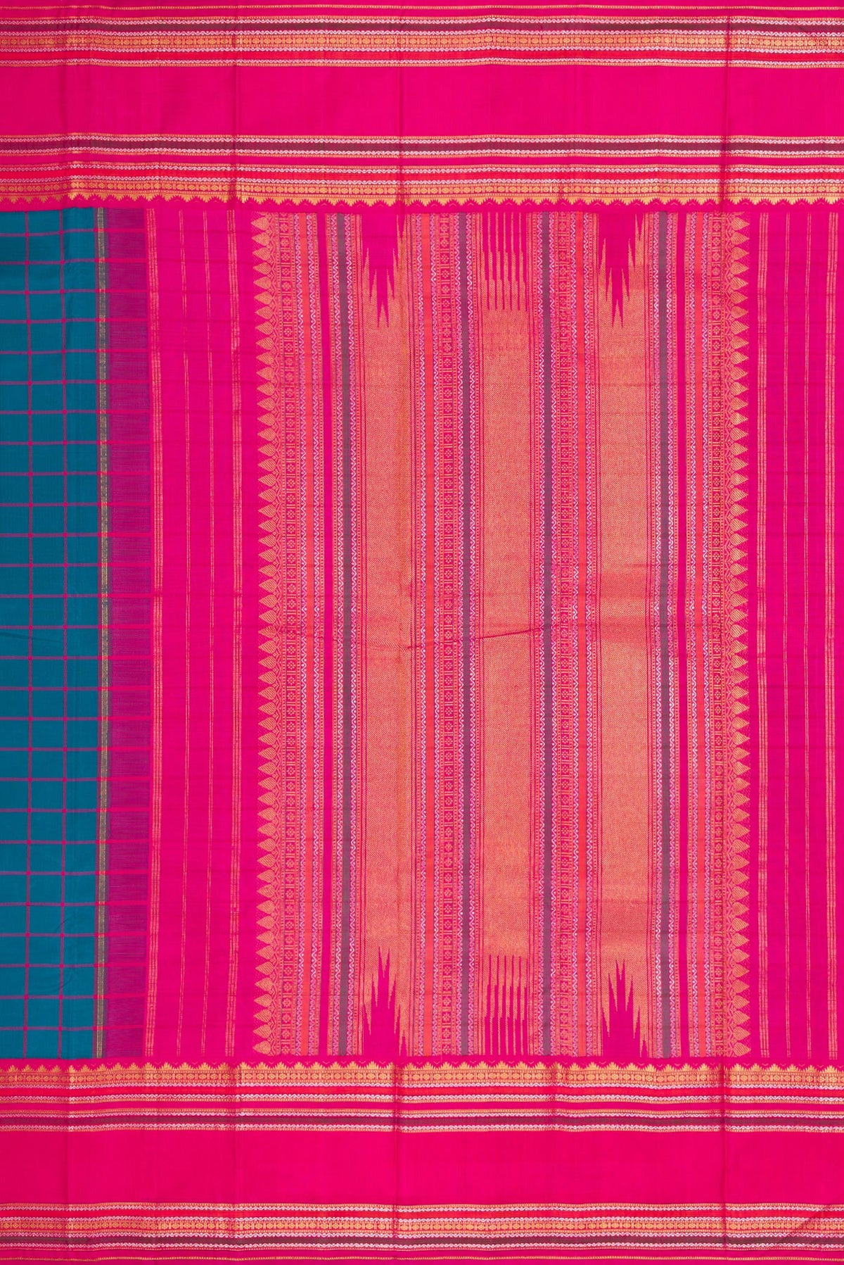 Close up image of the pallu of Peacock Blue Dual Tone Kanjivaram Silk Saree with Checked design on the body and Zari Border. 