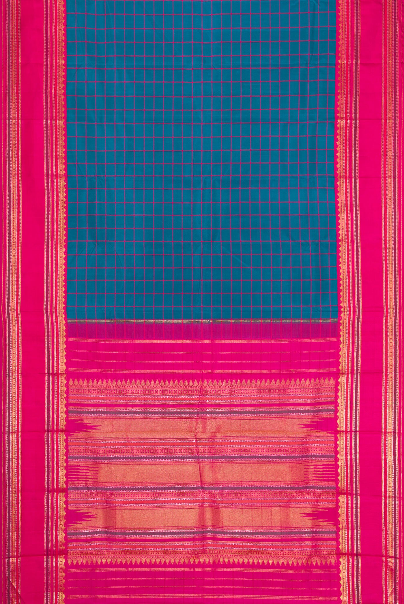 Flat view of Peacock Blue Dual Tone Kanjivaram Silk Saree with Checked design on the body and Zari Border. 