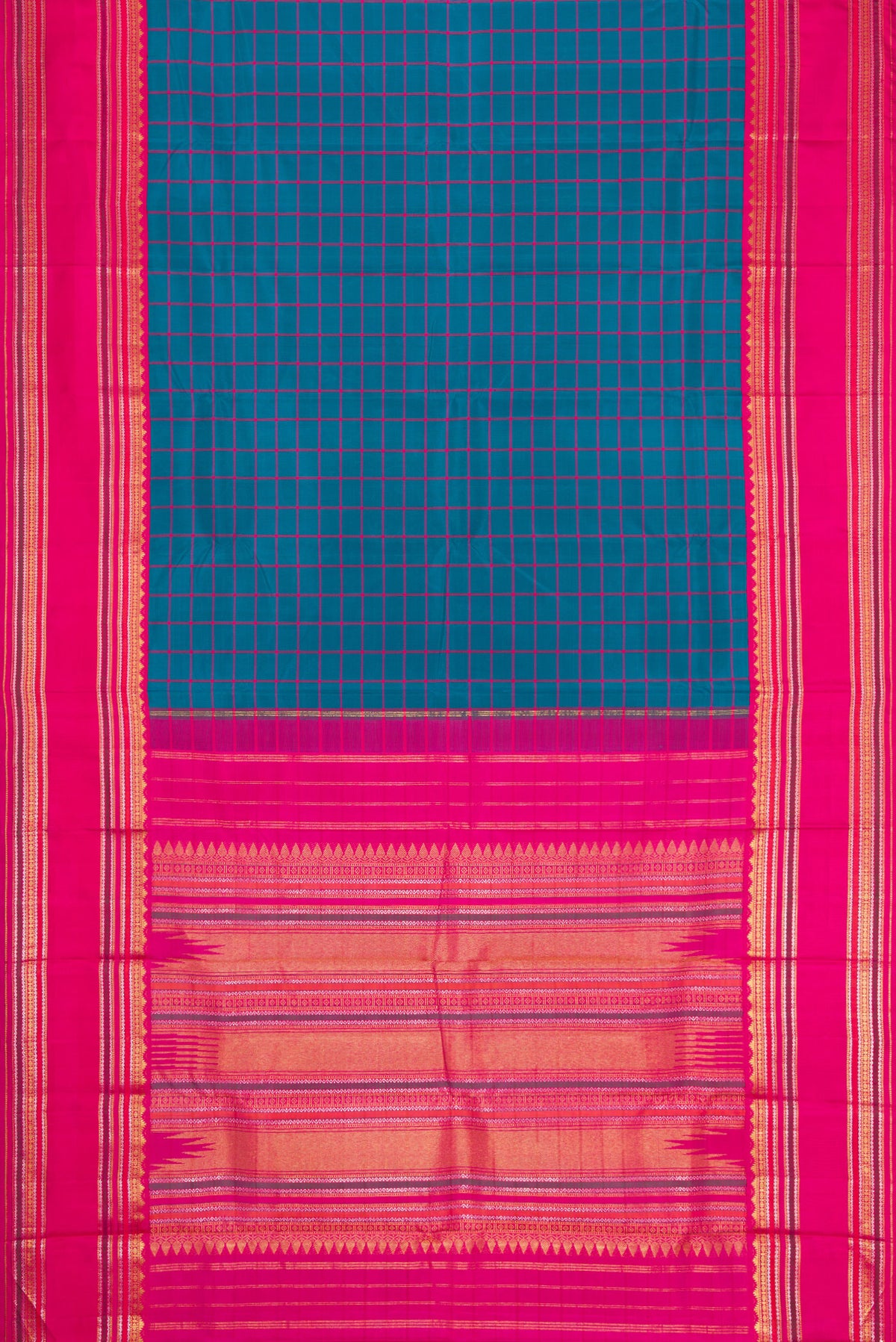 Flat view of Peacock Blue Dual Tone Kanjivaram Silk Saree with Checked design on the body and Zari Border. 