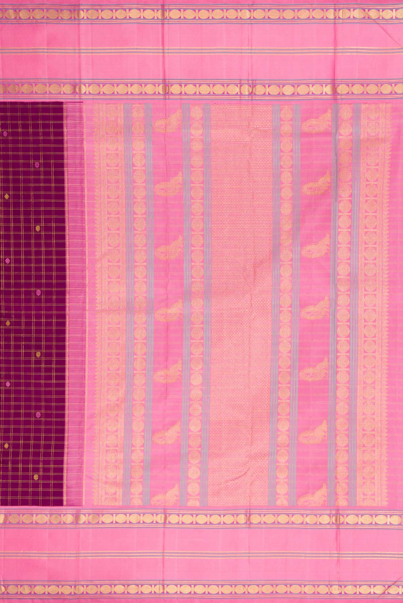 Close up image of the pallu of Pure Silk Pure Zari Burgundy Dual Tone Kanchipuram Saree with Checked design on the body and Zari Border. 