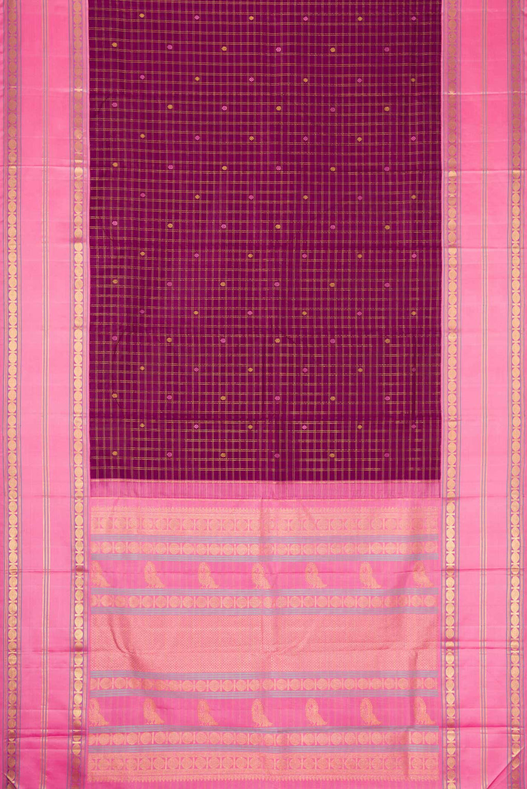 Flat view of Pure Silk Pure Zari Burgundy Dual Tone Kanchipuram Saree with Checked design on the body and Zari Border. 