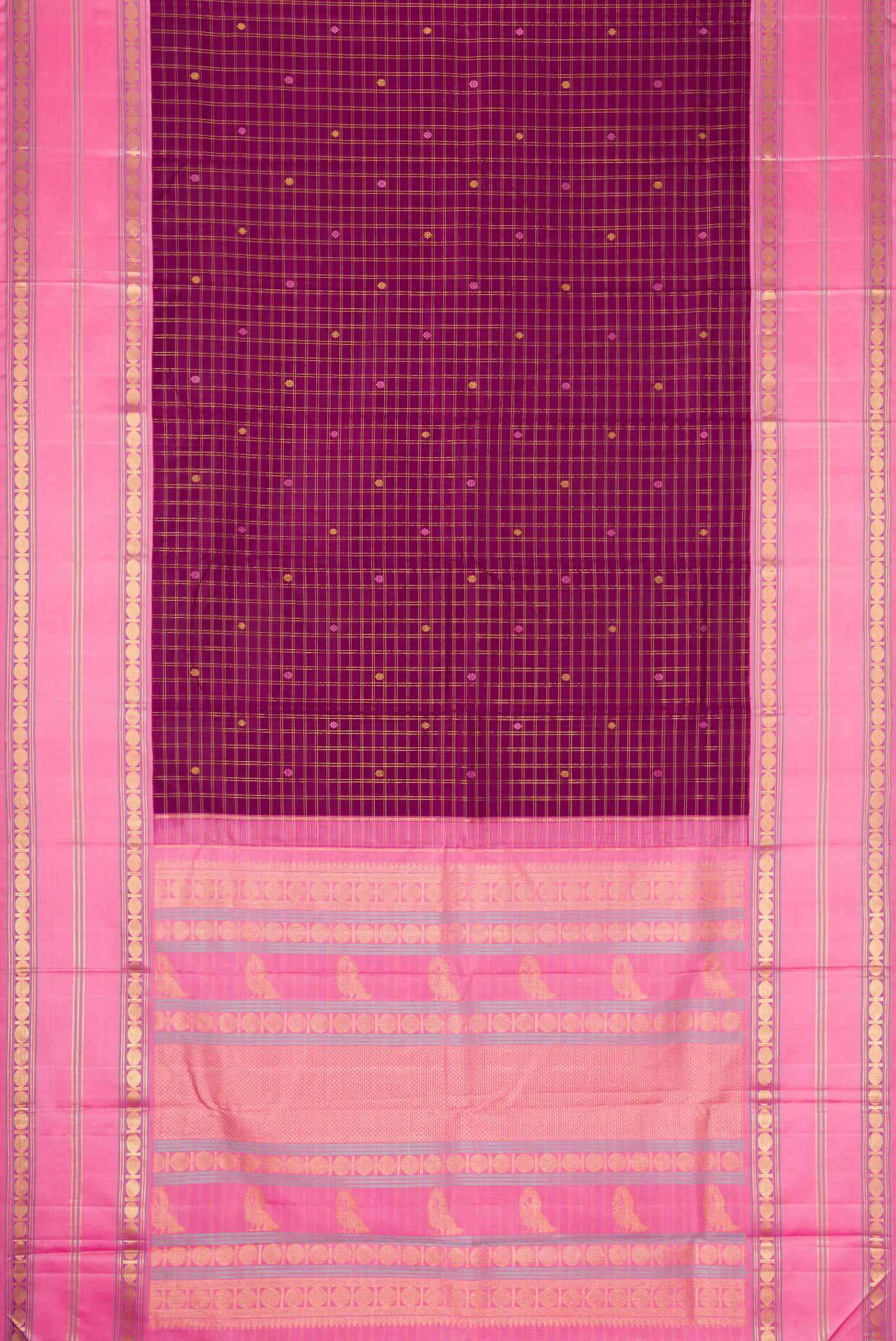 Flat view of Pure Silk Pure Zari Burgundy Dual Tone Kanchipuram Saree with Checked design on the body and Zari Border. 