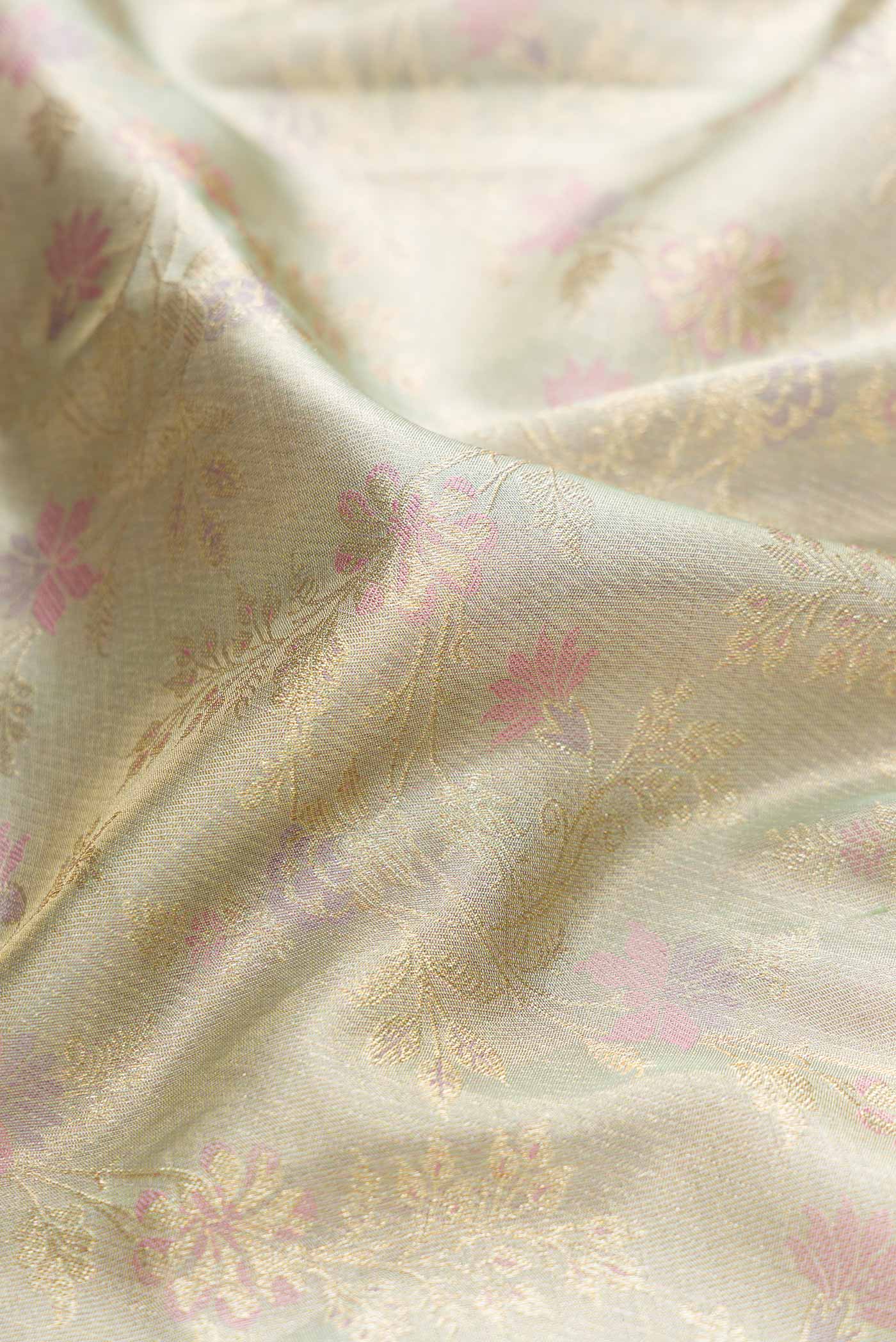 Close up of Pista Green Dual Tone Kanchipuram Silk Saree with Zari Brocade on the body and Zari And Thread Border displaying folds