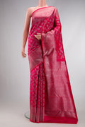 Dark Pink Dual Tone Kanchipuram Silk Saree with Zari Brocade on the body and Zari Border.  displayed on a mannequin