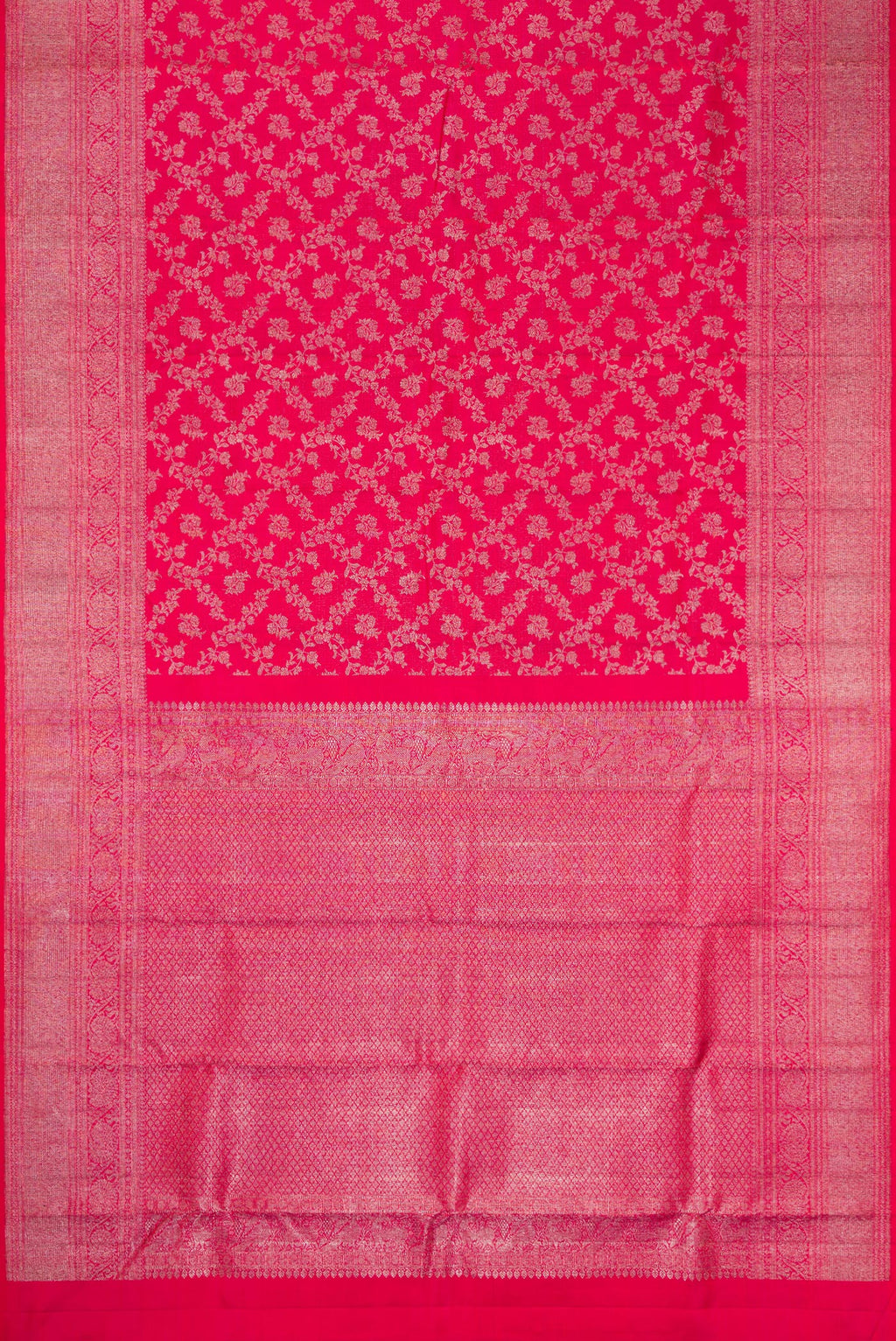 Flat view of Dark Pink Dual Tone Kanchipuram Silk Saree with Zari Brocade on the body and Zari Border. 