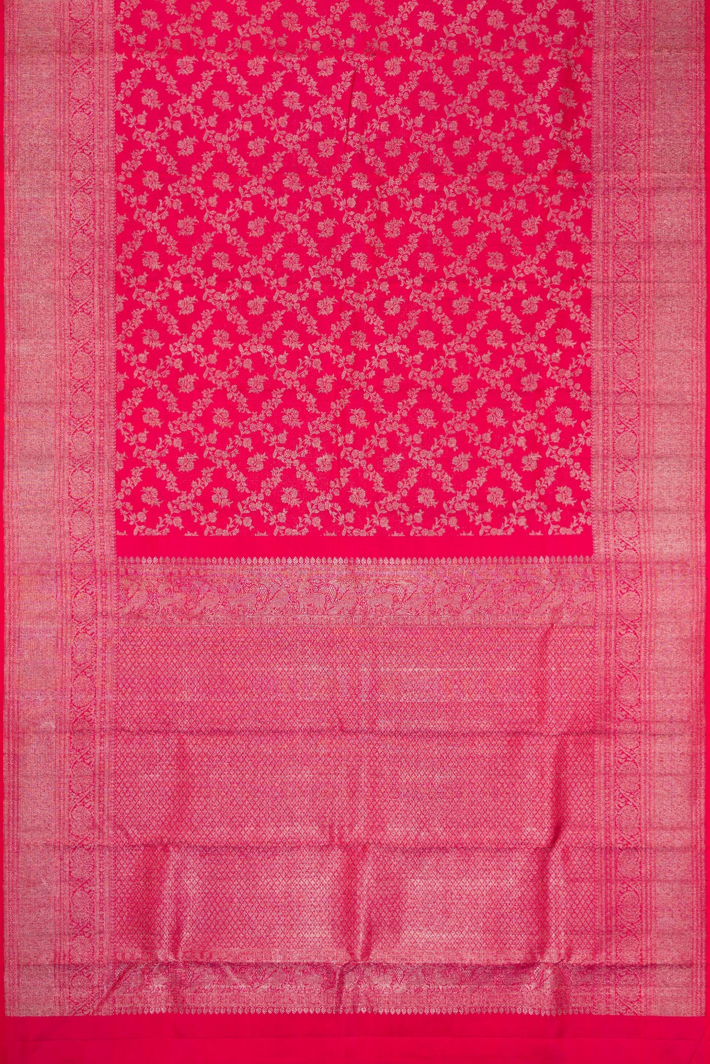 Flat view of Dark Pink Dual Tone Kanchipuram Silk Saree with Zari Brocade on the body and Zari Border. 