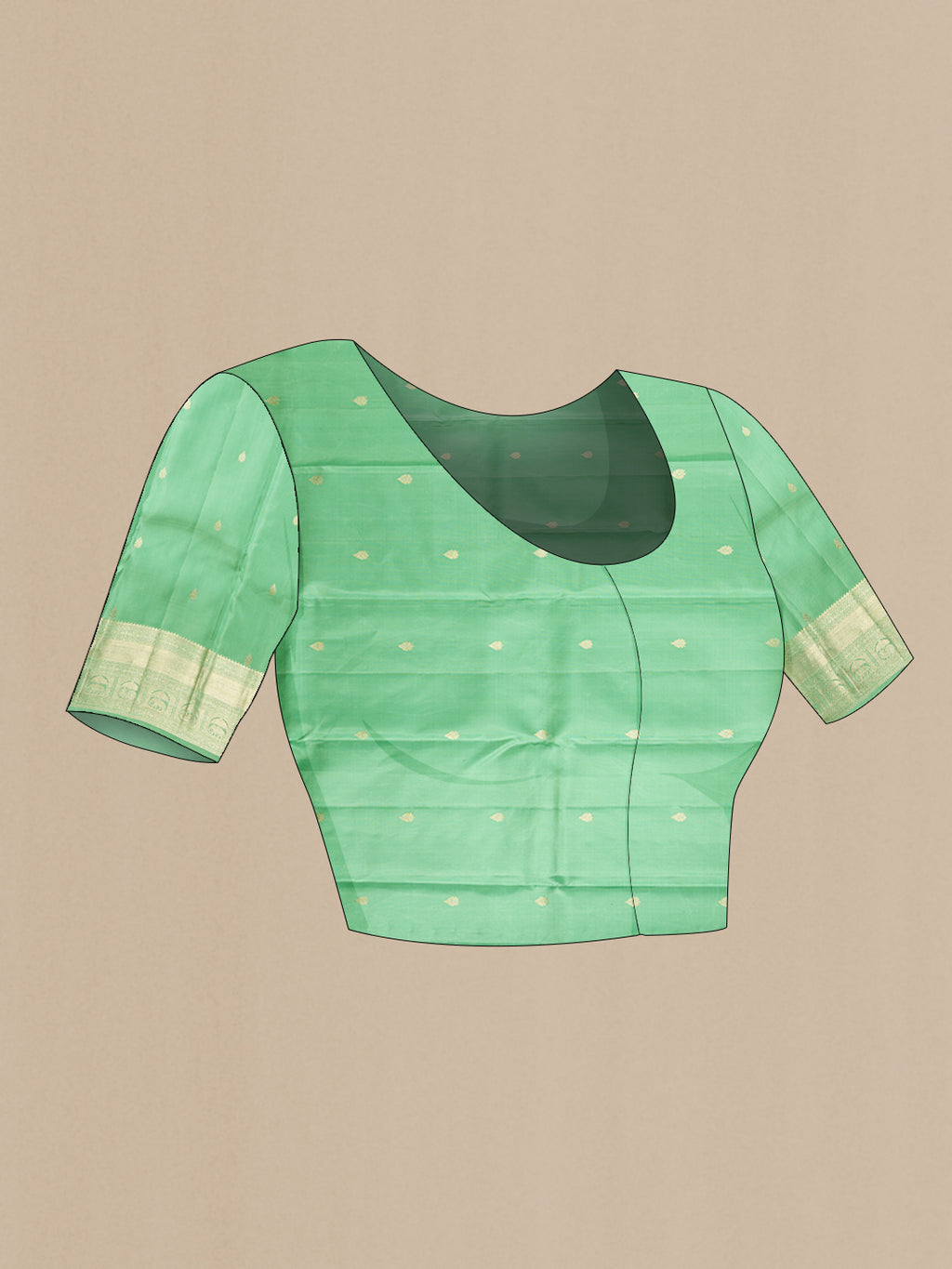 Close up image of the blouse of Green Dual Tone Kanchipuram Silk Saree with Zari Brocade on the body and Zari Border. 