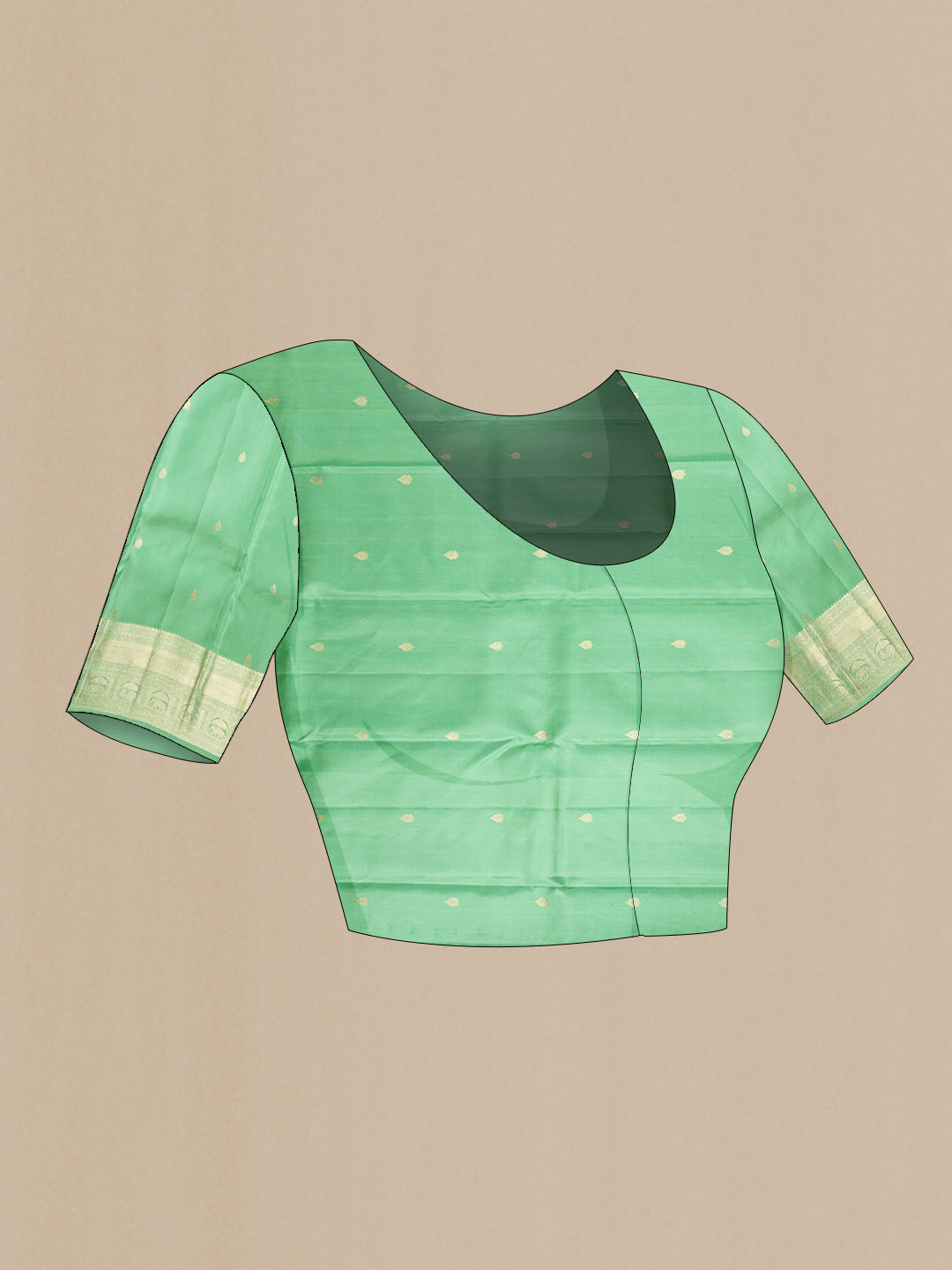 Close up image of the blouse of Green Dual Tone Kanchipuram Silk Saree with Zari Brocade on the body and Zari Border. 