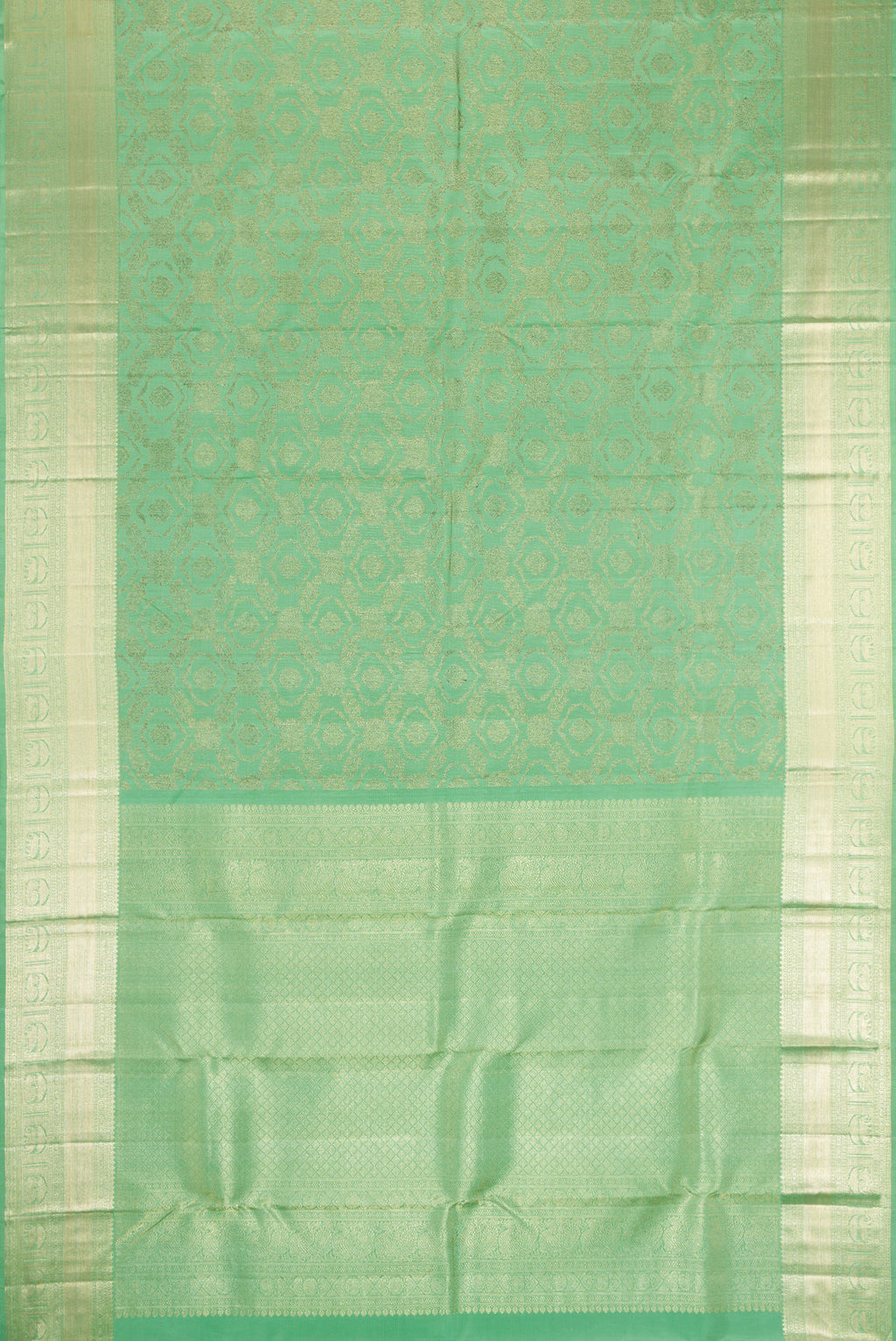 Flat view of Green Dual Tone Kanchipuram Silk Saree with Zari Brocade on the body and Zari Border. 