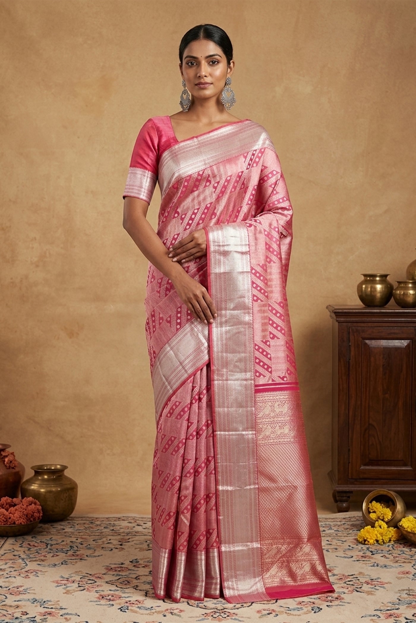 Model wearing a Rose pink Kanchipuram Silk Saree with Zari Brocade on the body and Zari Border.