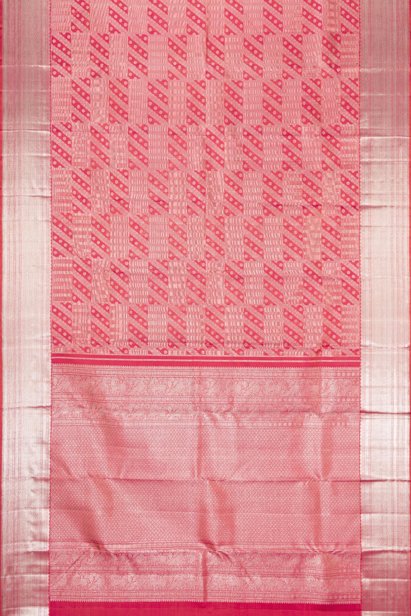 Flat view of Pink Dual Tone Kanchipuram Silk Saree with Zari Brocade on the body and Zari Border. 