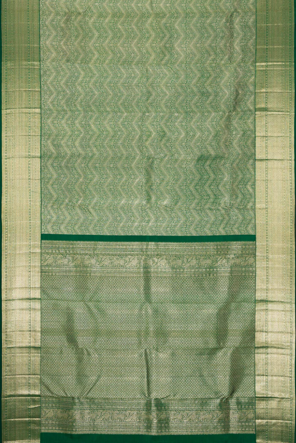 Flat view of Bottle Green Dual Tone Kanchipuram Silk Saree with Zari Brocade on the body and Zari Border. 