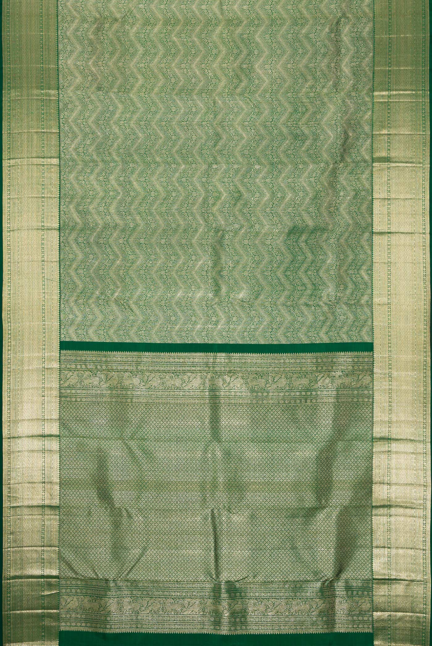 Flat view of Bottle Green Dual Tone Kanchipuram Silk Saree with Zari Brocade on the body and Zari Border. 