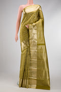 Mehandi Green Dual Tone Kanchipuram Silk Saree with Zari Brocade on the body and Zari Border.  displayed on a mannequin
