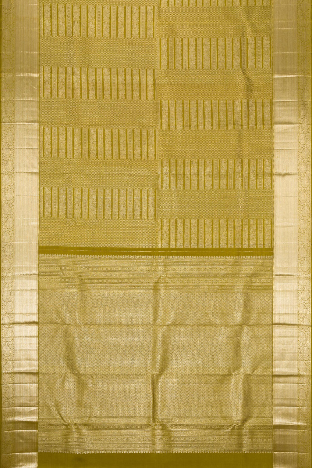 Flat view of Mehandi Green Dual Tone Kanchipuram Silk Saree with Zari Brocade on the body and Zari Border. 