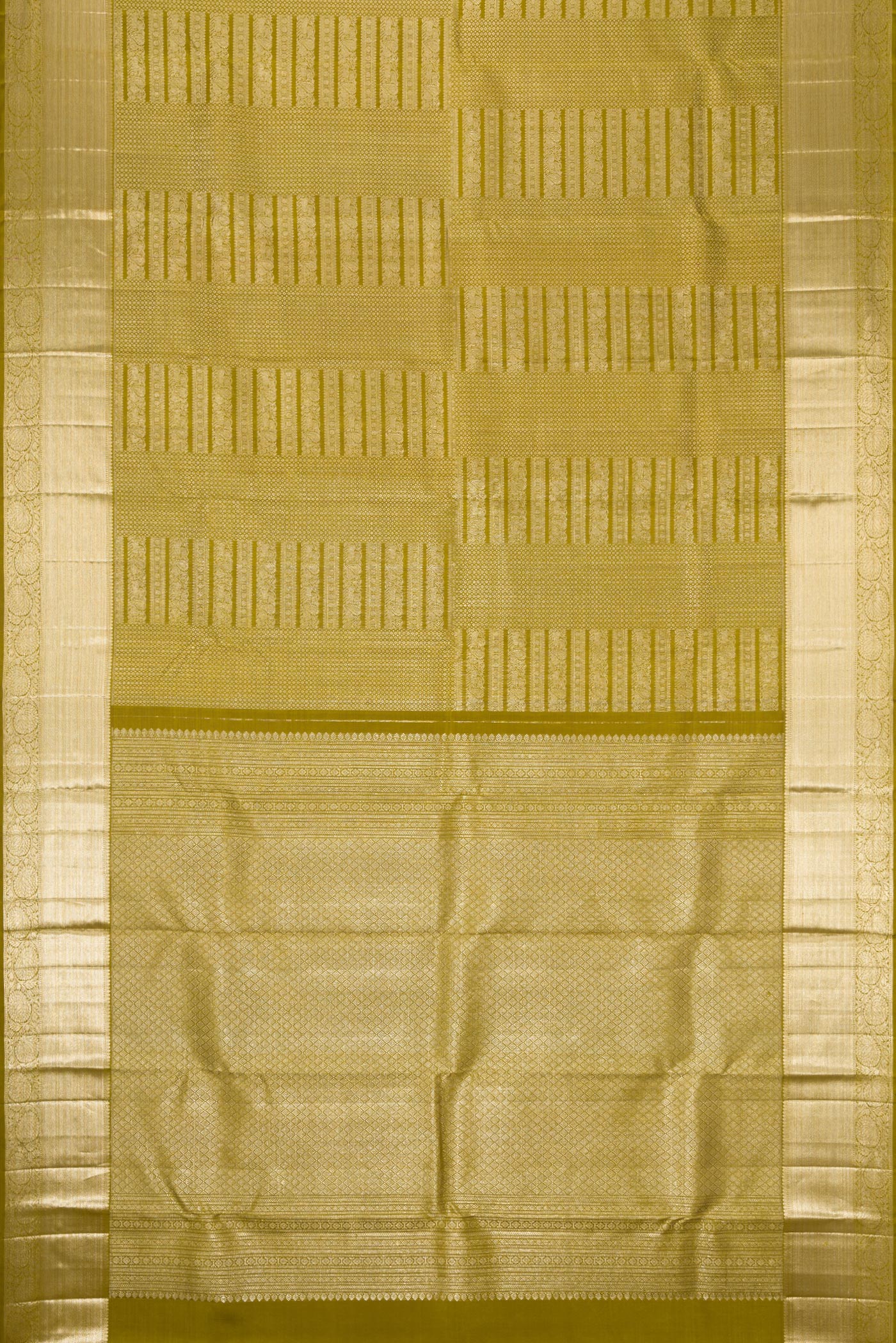 Flat view of Mehandi Green Dual Tone Kanchipuram Silk Saree with Zari Brocade on the body and Zari Border. 