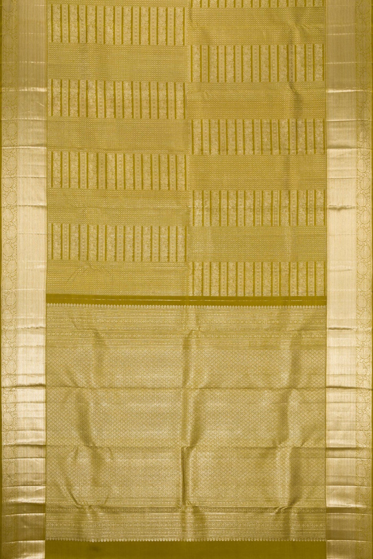 Flat view of Mehandi Green Dual Tone Kanchipuram Silk Saree with Zari Brocade on the body and Zari Border. 