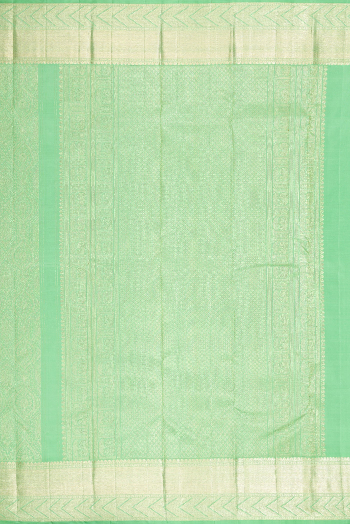 Close up image of the pallu of Light Green Dual Tone Kanchipuram Silk Saree with Zari Brocade on the body and Zari Border. 