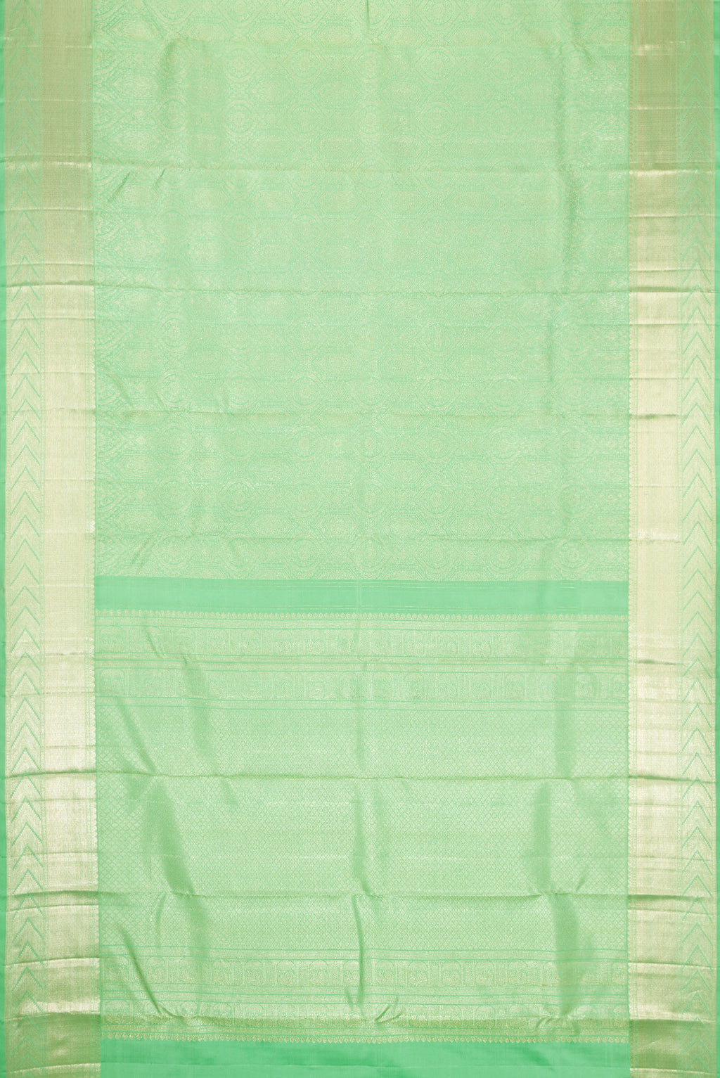 Flat view of Light Green Dual Tone Kanchipuram Silk Saree with Zari Brocade on the body and Zari Border. 