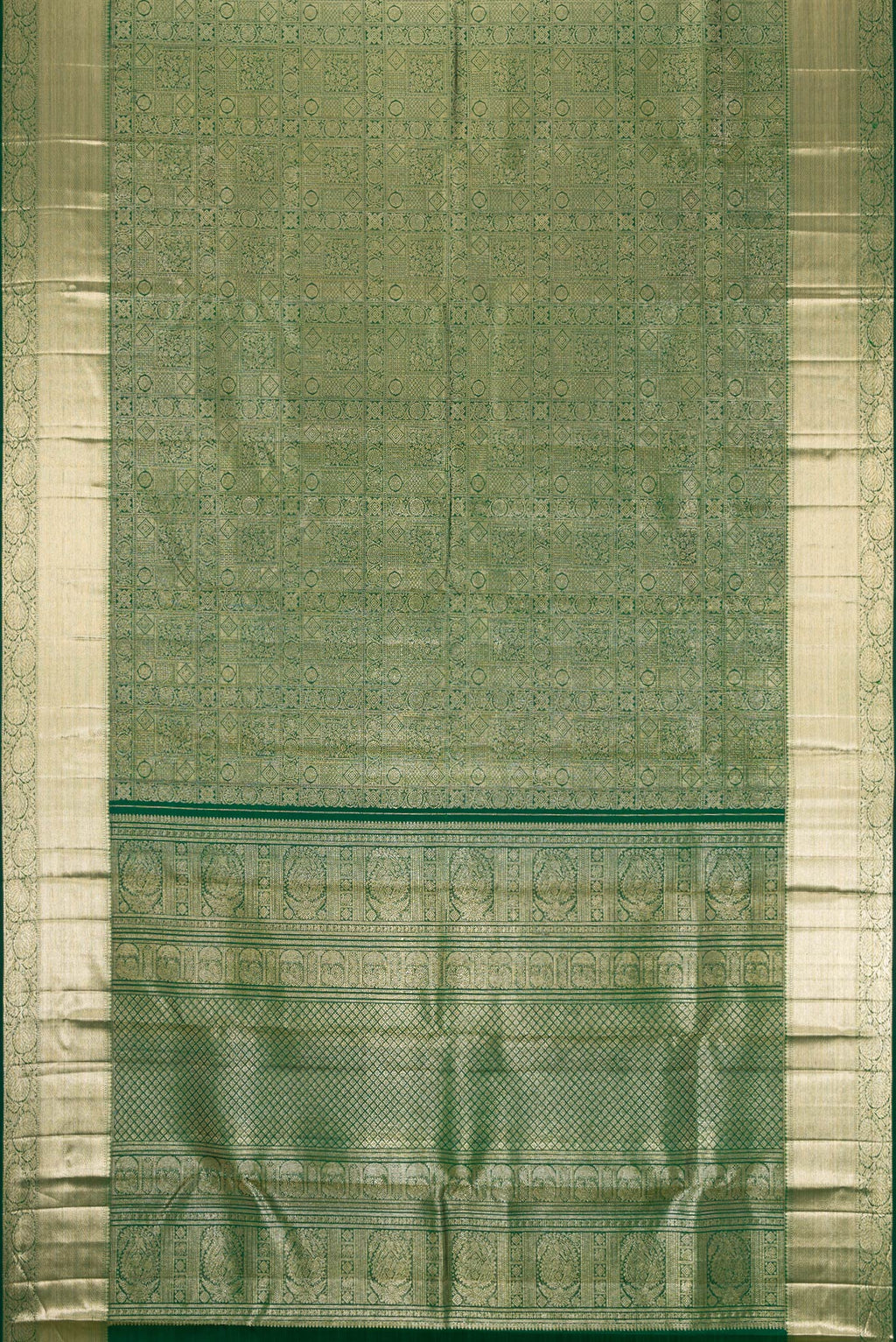 Flat view of Bottle Green Dual Tone Kanchipuram Silk Saree with Zari Brocade on the body and Zari Border. 