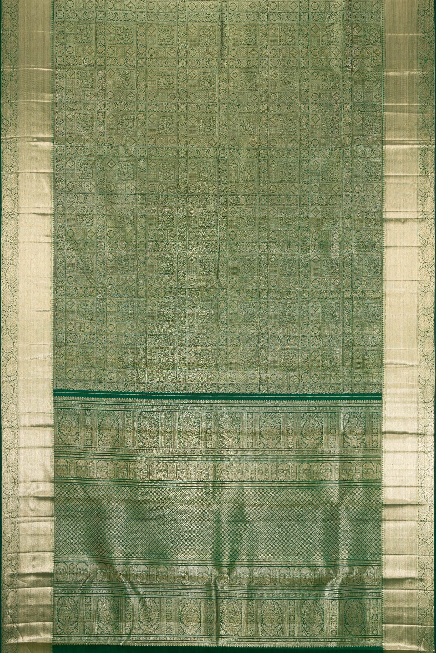 Flat view of Bottle Green Dual Tone Kanchipuram Silk Saree with Zari Brocade on the body and Zari Border. 