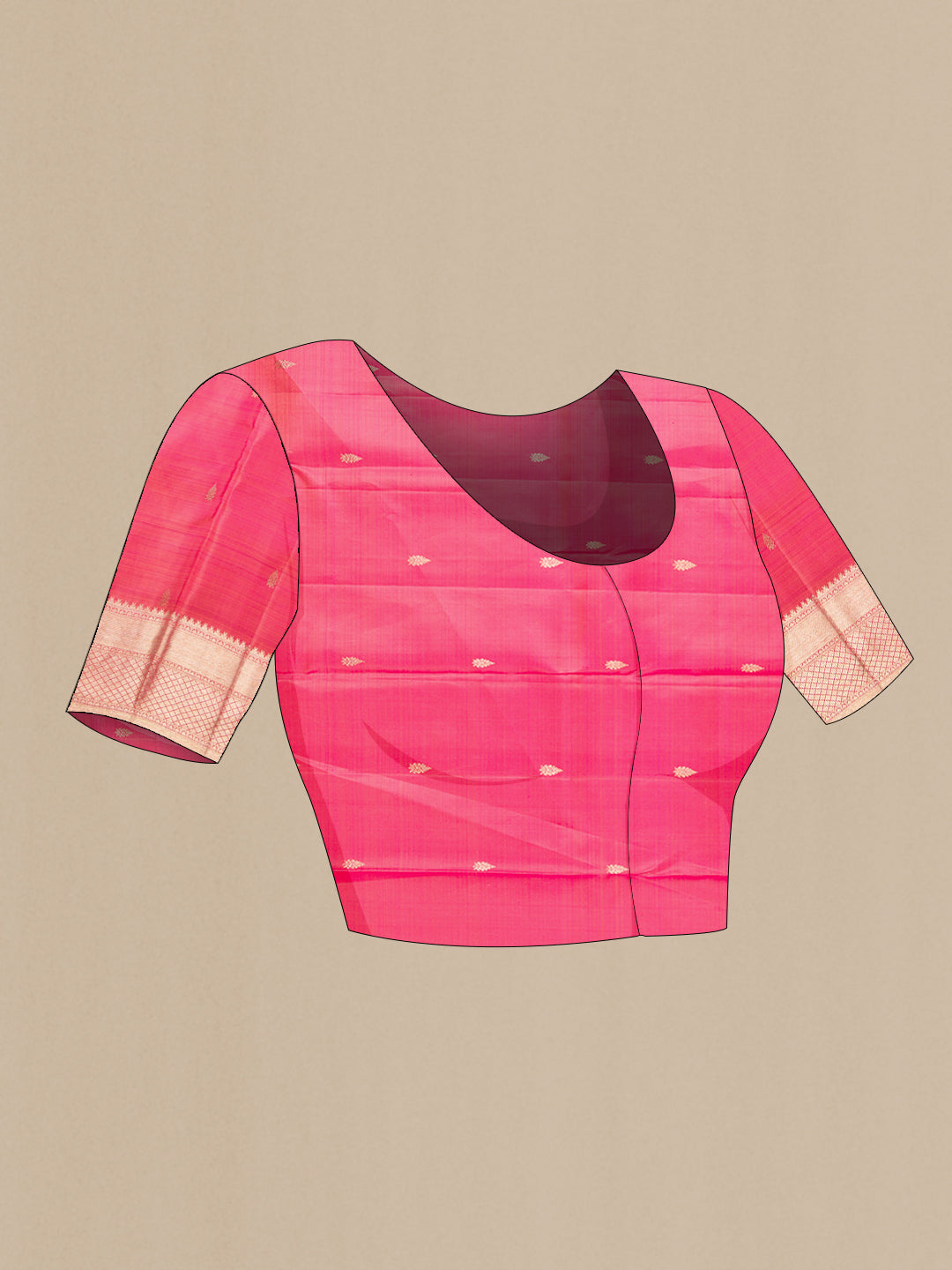 Close up image of the blouse of Pink Dual Tone Kanchipuram Silk Saree with Zari Brocade on the body and Zari Border. 