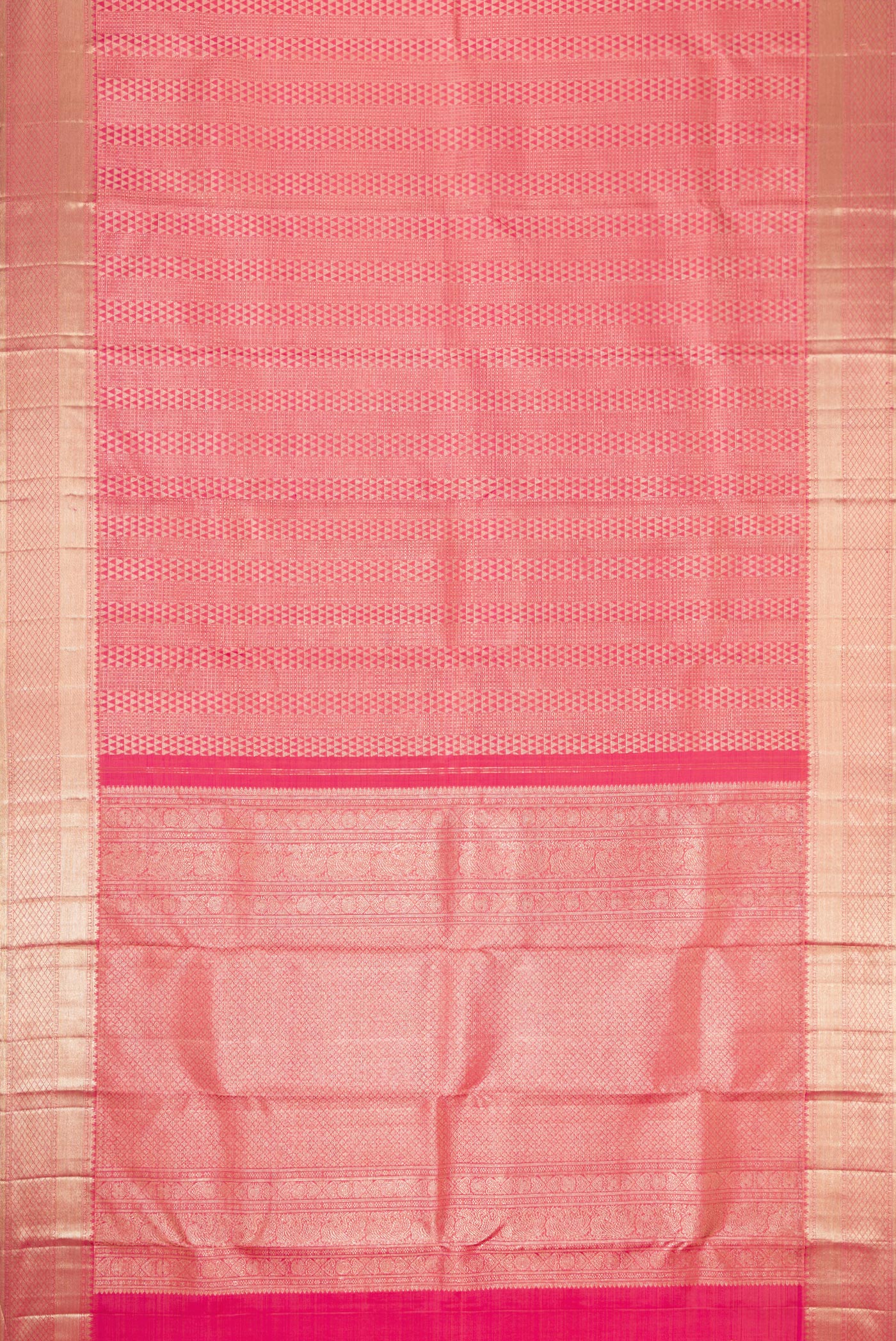 Flat view of Pink Dual Tone Kanchipuram Silk Saree with Zari Brocade on the body and Zari Border. 