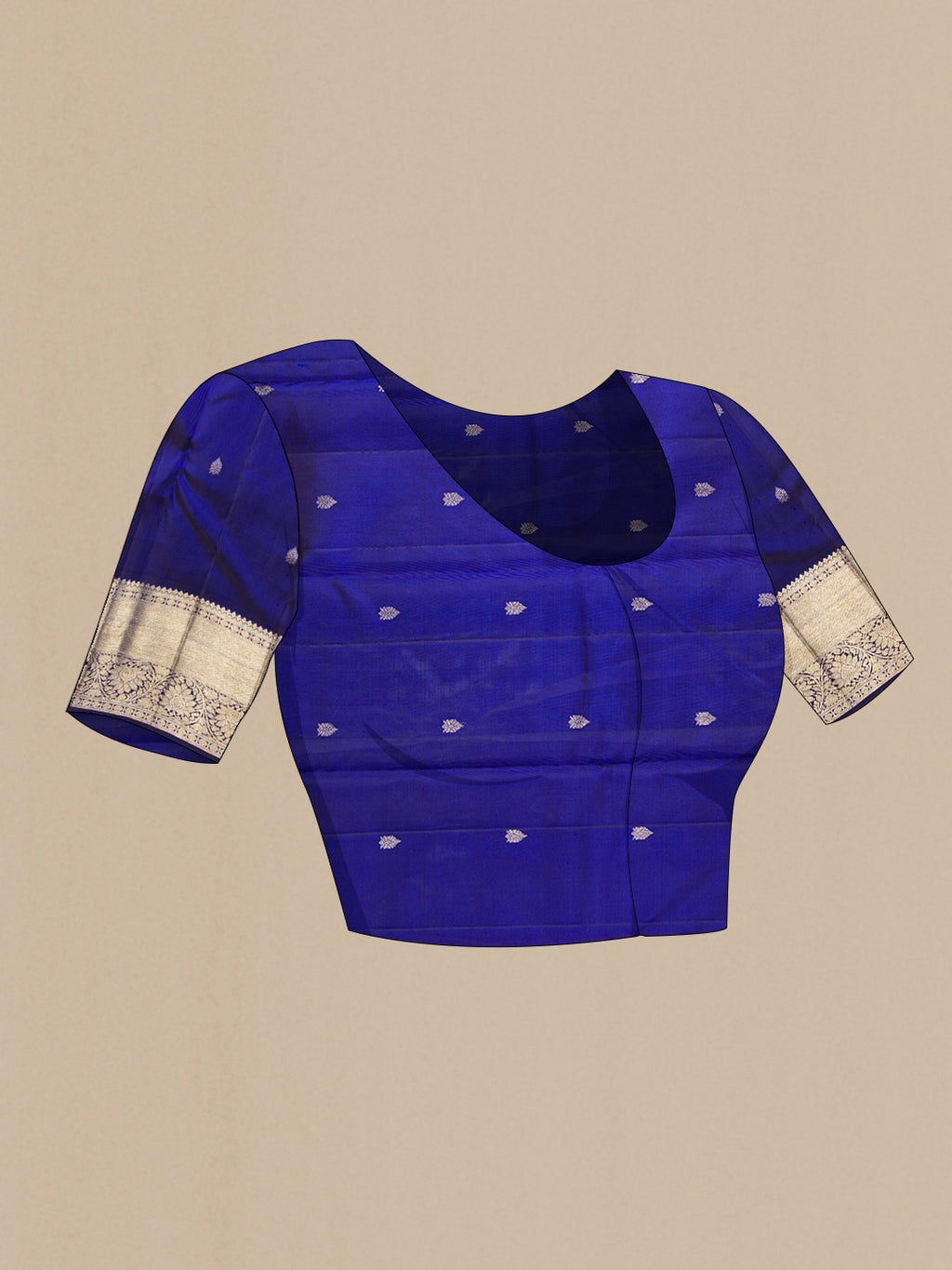 Close up image of the blouse of Royal Blue Dual Tone Kanchipuram Silk Saree with Zari Brocade on the body and Zari Border. 