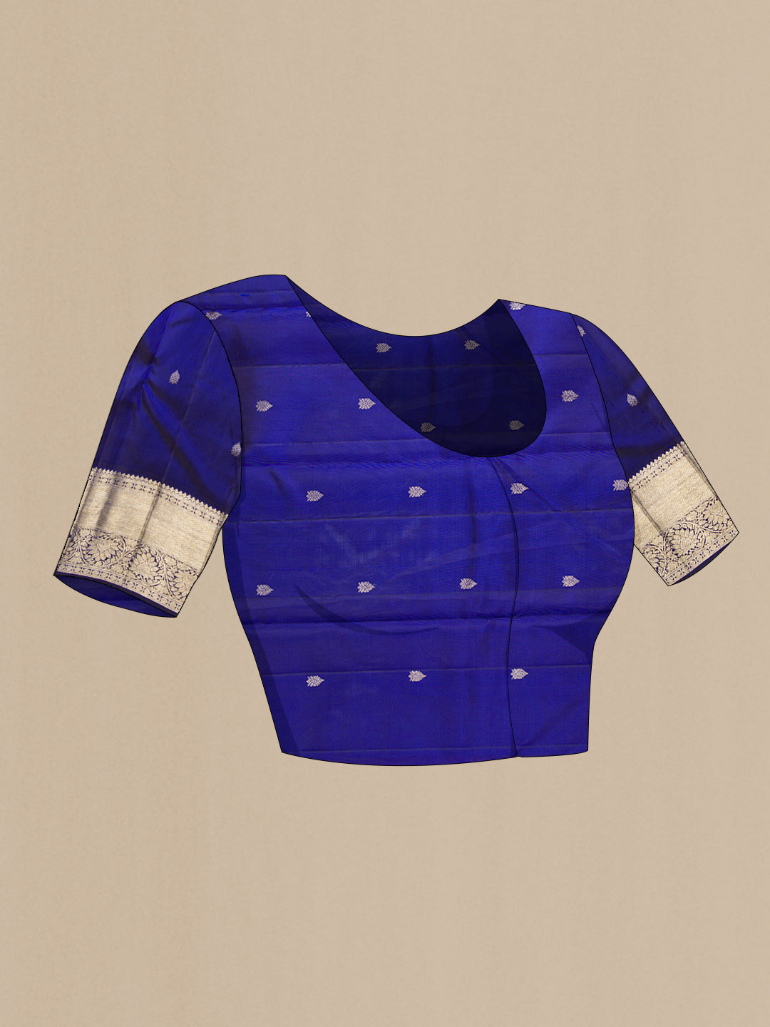 Close up image of the blouse of Royal Blue Dual Tone Kanchipuram Silk Saree with Zari Brocade on the body and Zari Border. 