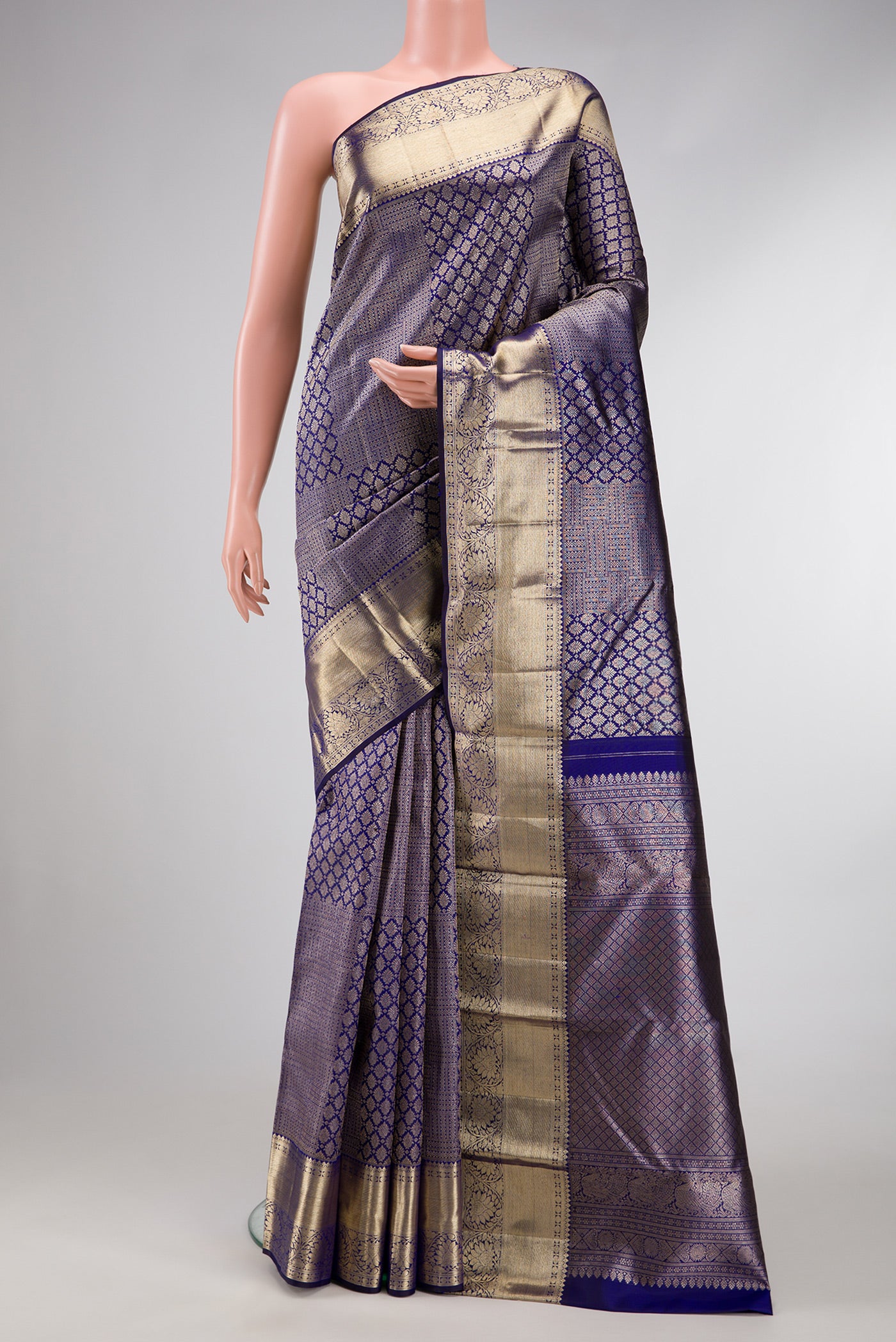 Royal Blue Dual Tone Kanchipuram Silk Saree with Zari Brocade on the body and Zari Border.  displayed on a mannequin