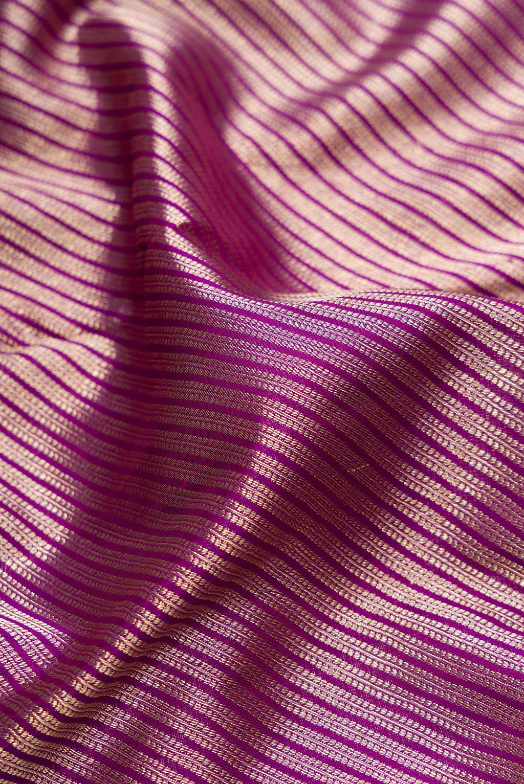 Close up of Purple Dual Tone Kanchipuram Silk Saree with Zari Brocade on the body and Zari Border.  displaying folds