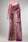 Purple Dual Tone Kanchipuram Silk Saree with Zari Brocade on the body and Zari Border.  displayed on a mannequin