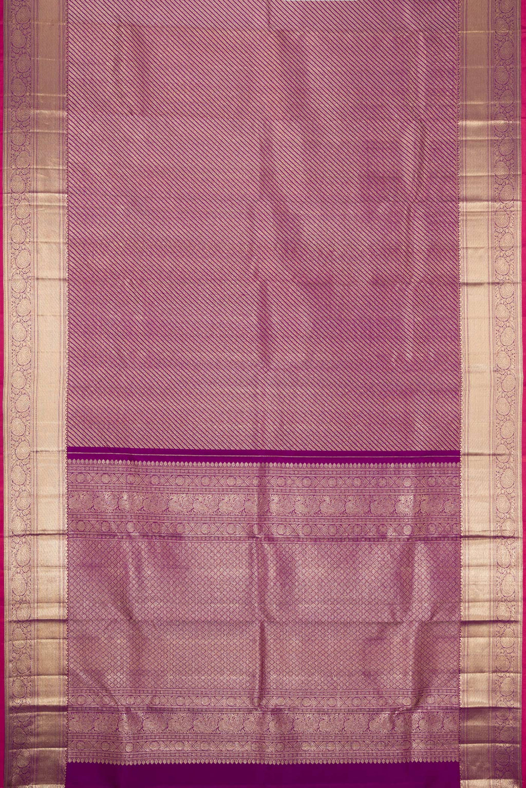Flat view of Purple Dual Tone Kanchipuram Silk Saree with Zari Brocade on the body and Zari Border. 