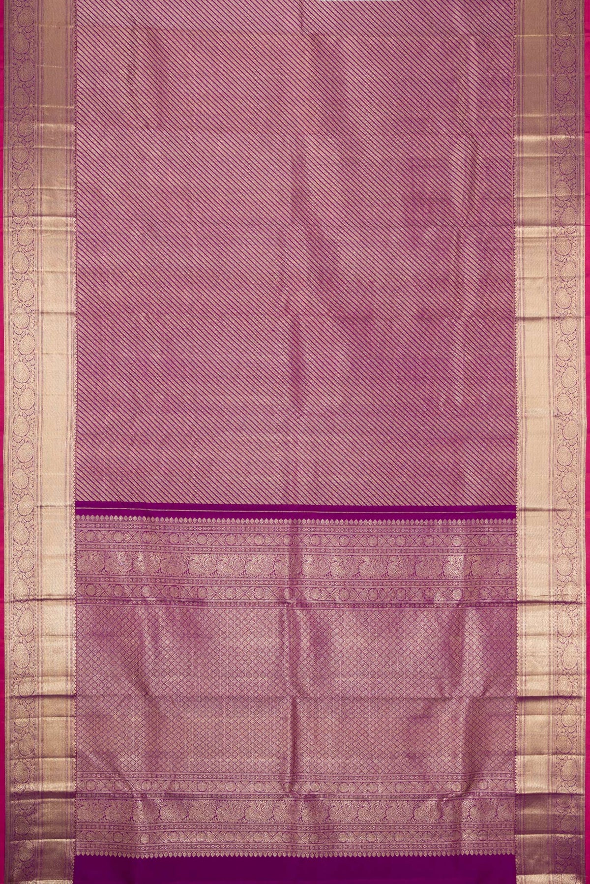 Flat view of Purple Dual Tone Kanchipuram Silk Saree with Zari Brocade on the body and Zari Border. 
