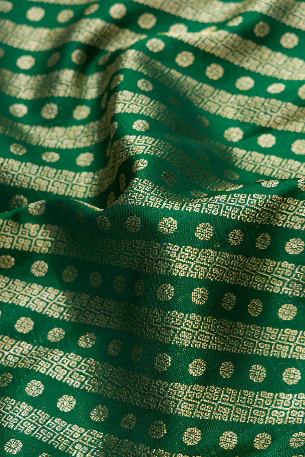 Close up of Green Dual Tone Kanchipuram Silk Saree with Zari Brocade on the body and Zari Border.  displaying folds