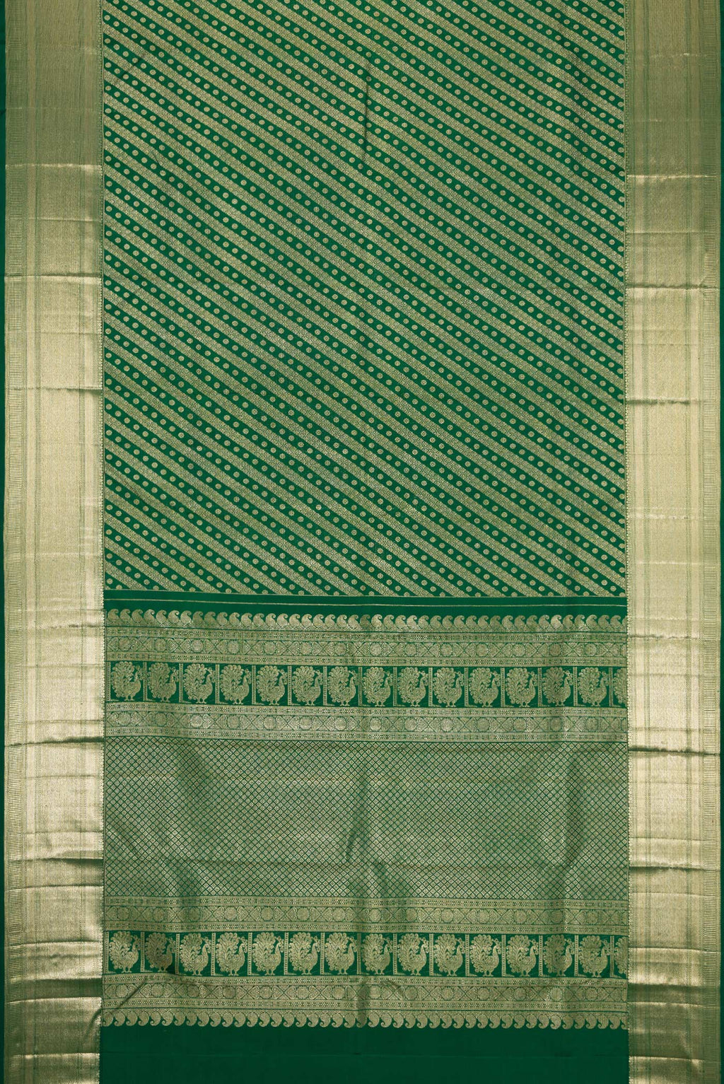 Flat view of Green Dual Tone Kanchipuram Silk Saree with Zari Brocade on the body and Zari Border. 