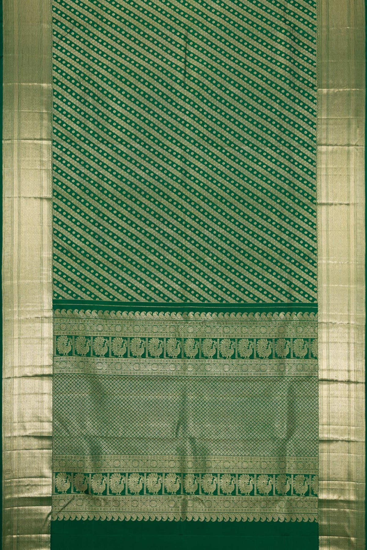 Flat view of Green Dual Tone Kanchipuram Silk Saree with Zari Brocade on the body and Zari Border. 
