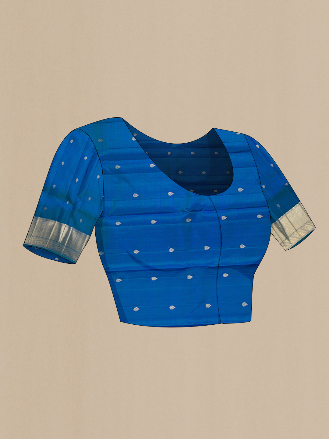Close up image of the blouse of Peacock Blue Dual Tone Kanchipuram Silk Saree with Zari Brocade on the body and Zari Border. 