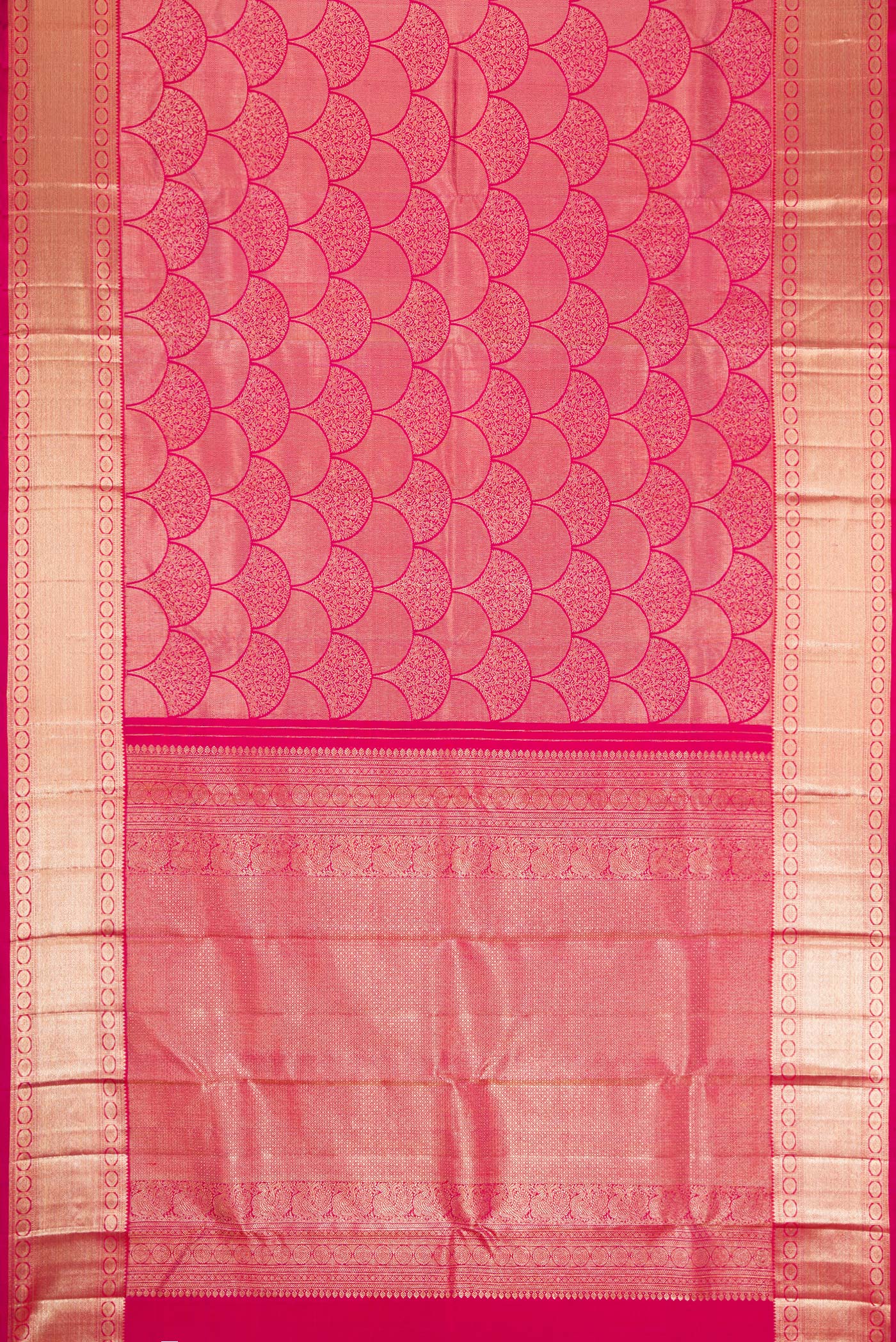 Flat view of Pink Dual Tone Kanchipuram Silk Saree with Zari Brocade on the body and Zari Border. 
