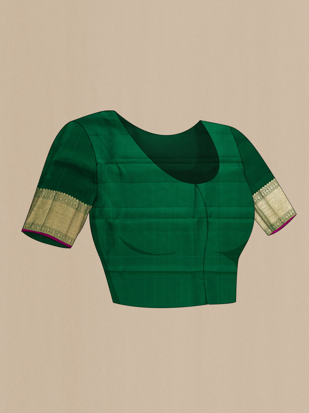 Close up image of the blouse of Green Dual Tone Kanjivaram Silk Saree with Zari Butta on the body and Zari Border. 