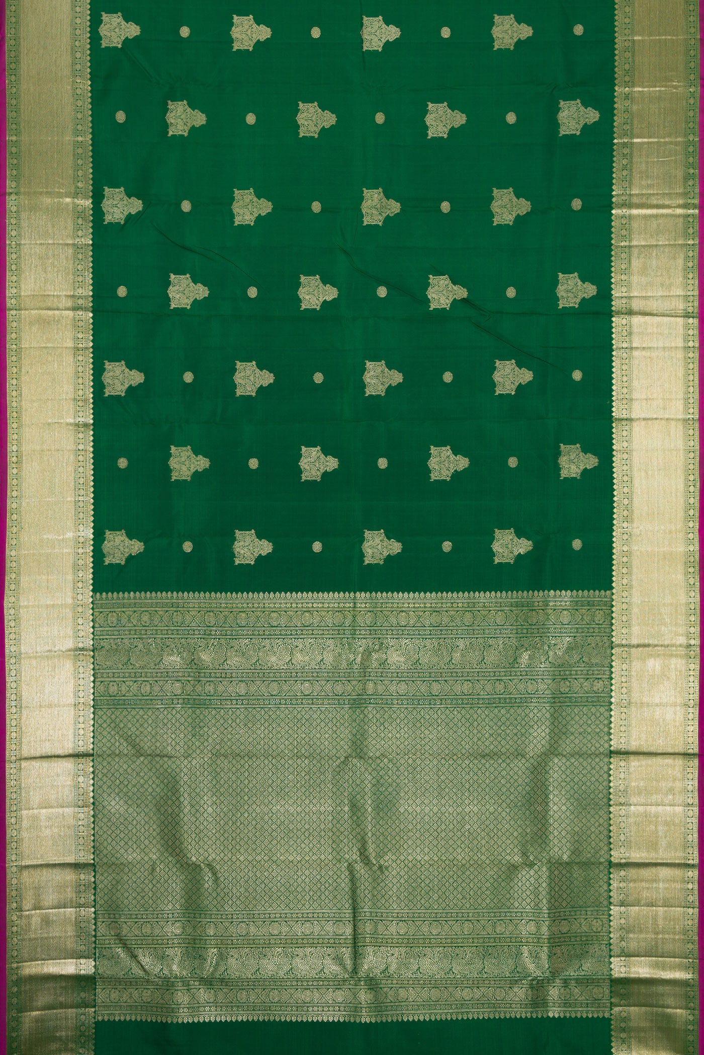 Flat view of Green Dual Tone Kanjivaram Silk Saree with Zari Butta on the body and Zari Border. 
