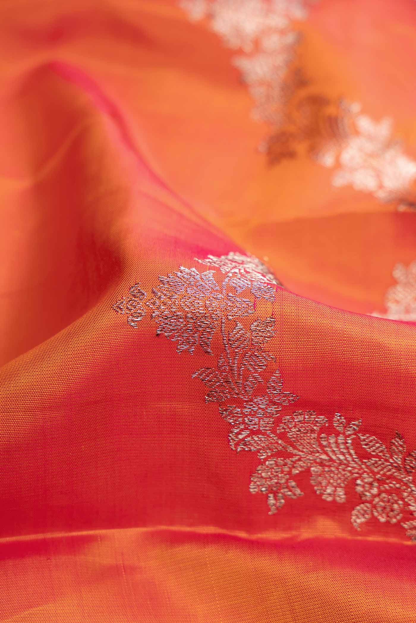 Close up of Coral Dual Tone Kanchipuram Silk Saree with Zari Brocade on the body and Without Border displaying folds