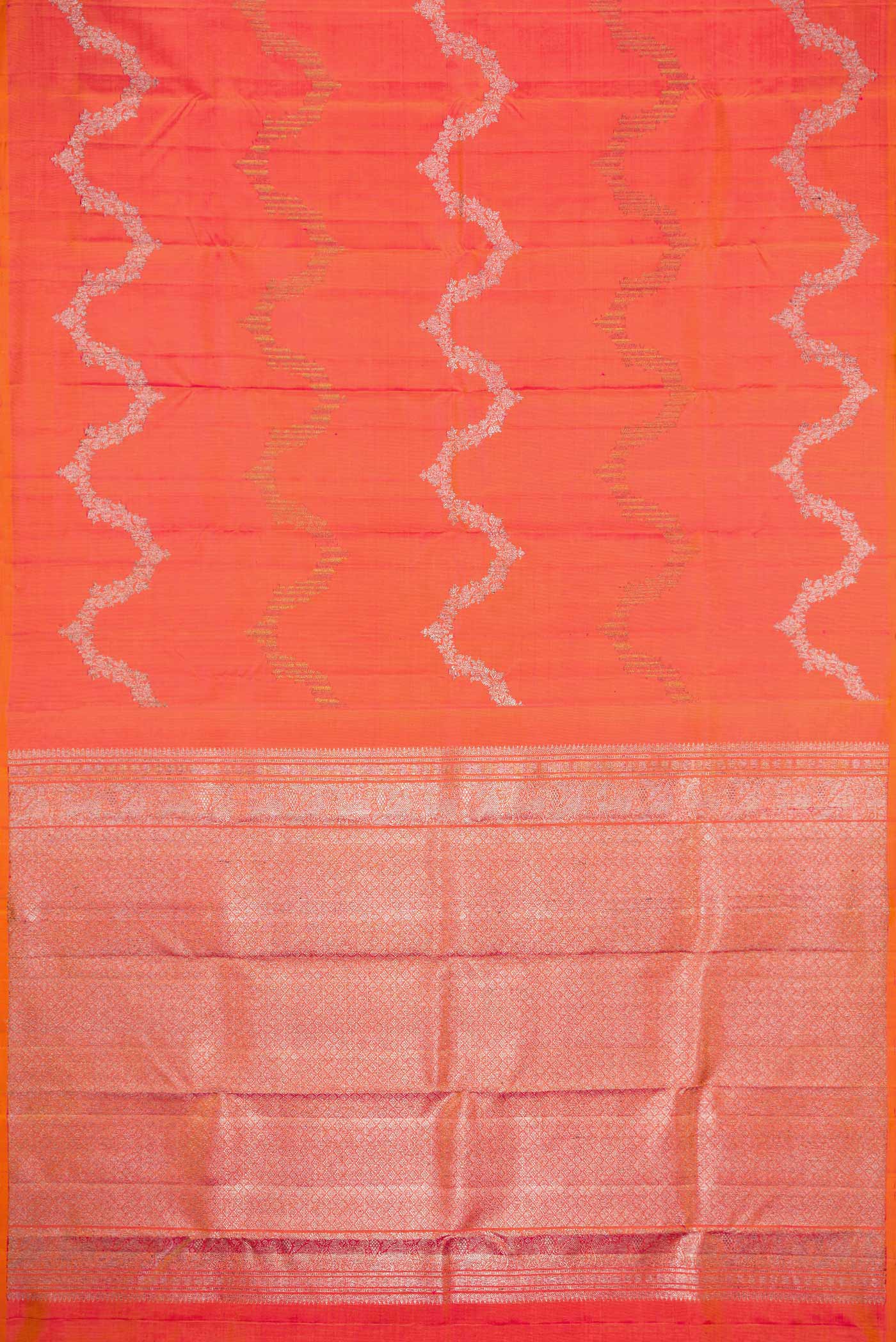 Flat view of Coral Dual Tone Kanchipuram Silk Saree with Zari Brocade on the body and Without Border