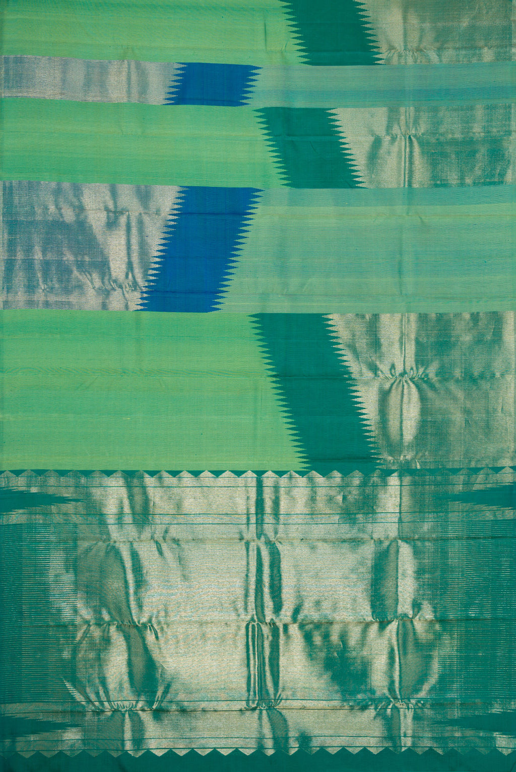 Flat view of Green and Peacock Blue Color Kanchipuram Silk Saree with Zari Brocade on the body and Without Border. 