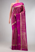 Magenta Dual Tone Kanjivaram Silk Saree with Zari Brocade on the body and Fancy Border.  displayed on a mannequin