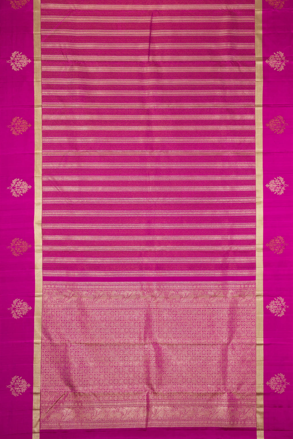 Flat view of Magenta Dual Tone Kanjivaram Silk Saree with Zari Brocade on the body and Fancy Border. 
