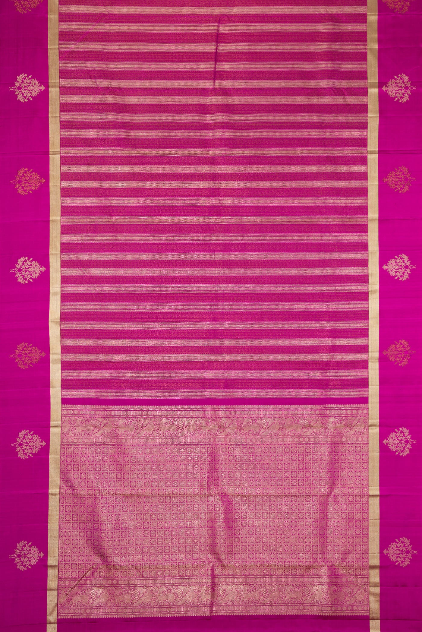 Flat view of Magenta Dual Tone Kanjivaram Silk Saree with Zari Brocade on the body and Fancy Border. 